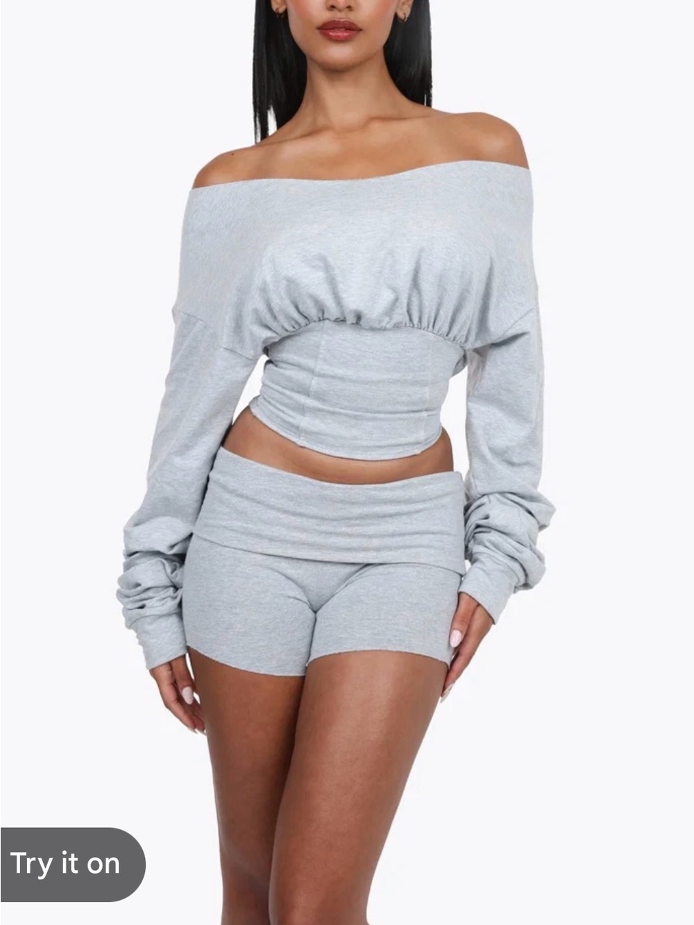 Off-Shoulder Ribbed Lounge Shorts Set- Light Gray